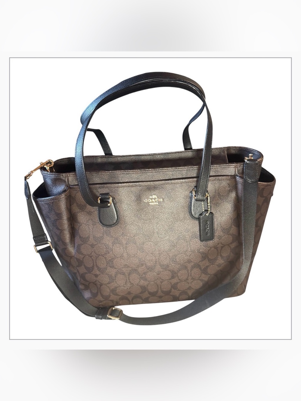 Coach Brown Signature Canvas Tote with Black Leather Trim